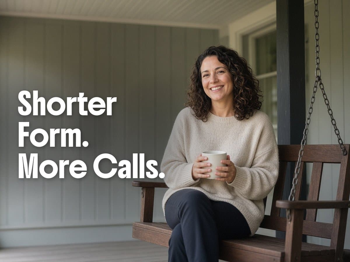 A smiling woman in a cream sweater sits on a porch swing holding a mug, beside the words Shorter Form. More Calls.