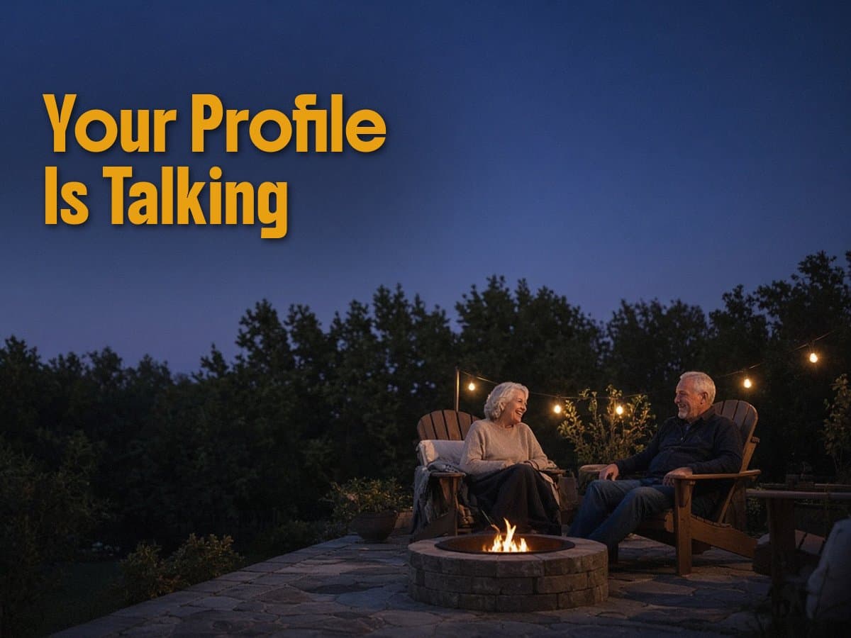 An older couple sits by a stone fire pit on a patio at dusk, under the gold words Your Profile Is Talking.