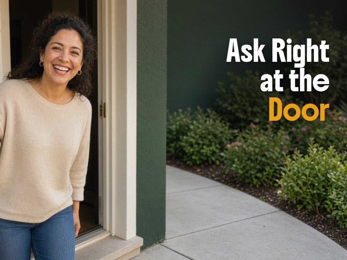 A smiling woman in a beige sweater stands in a doorway by shrubs, beside the words Ask Right at the Door.