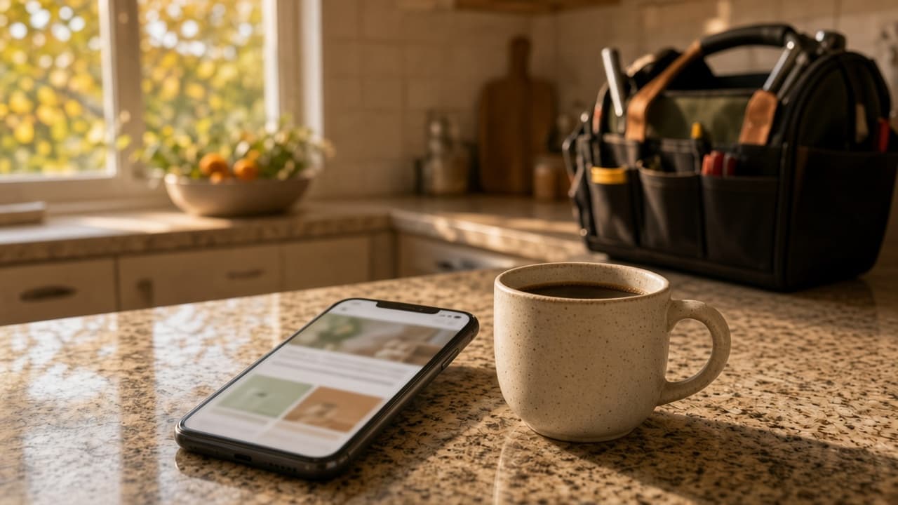 A smartphone showing a page of photos, a speckled mug of coffee, and a tool bag rest on a kitchen counter.