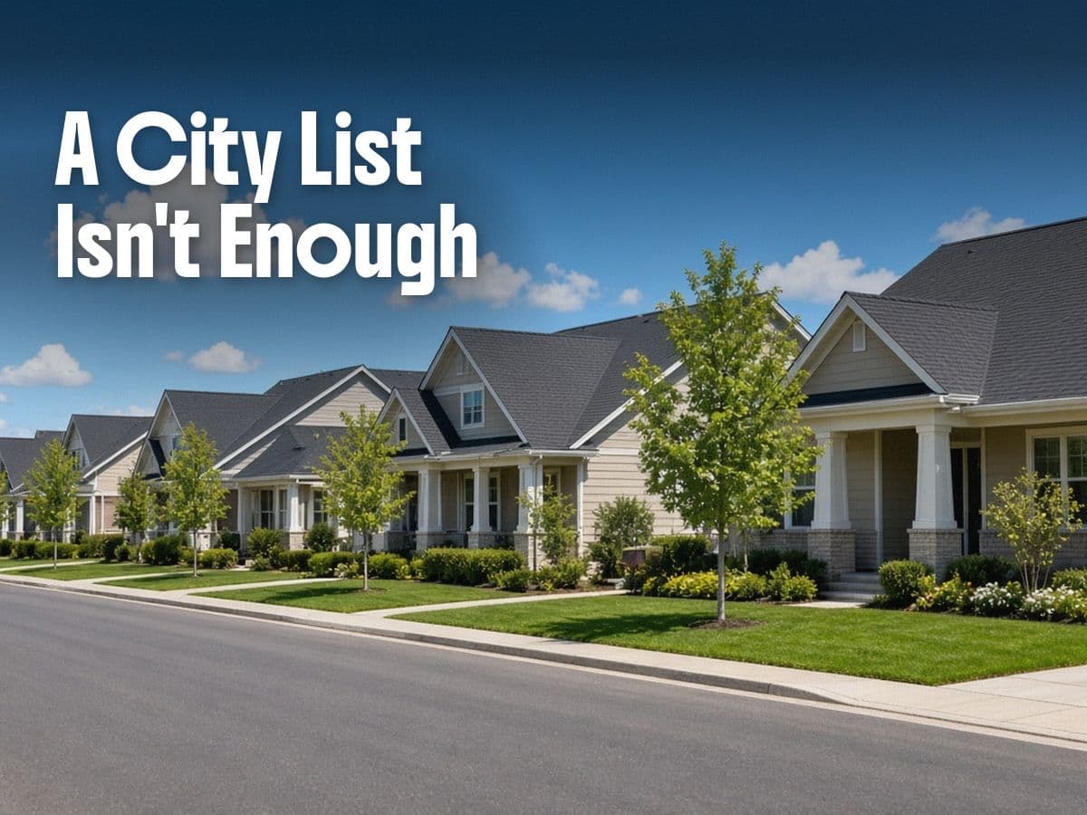 A row of matching two-story houses with porches and young trees lines a suburban street, with the words A City List Isn't Enough.