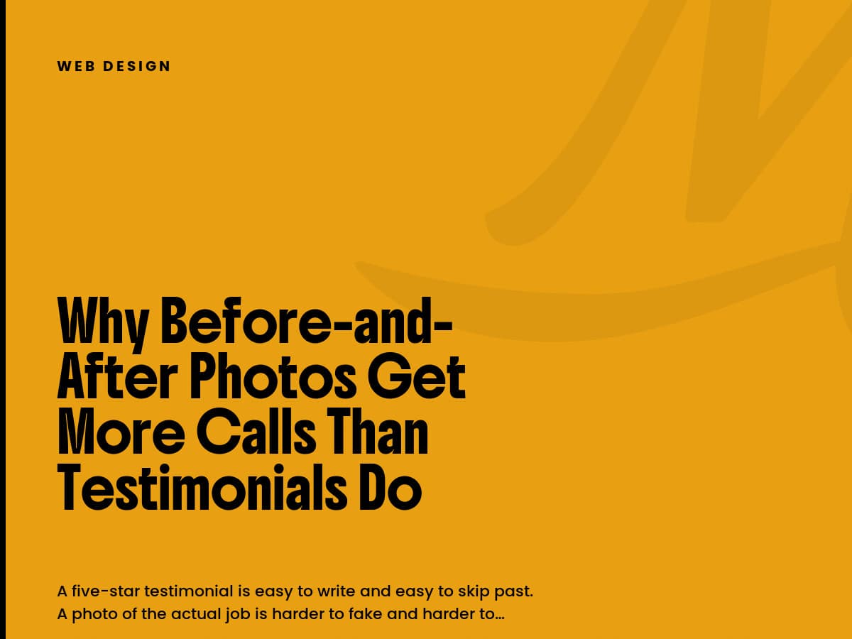 Mustard card labeled Web Design, with a bold black headline about before-and-after photos and testimonials.