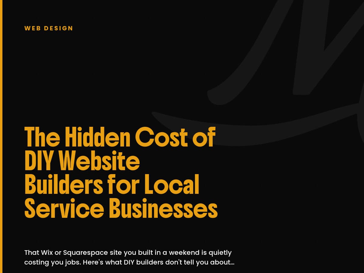 Black card labeled Web Design, with a gold headline about the hidden cost of DIY website builders.