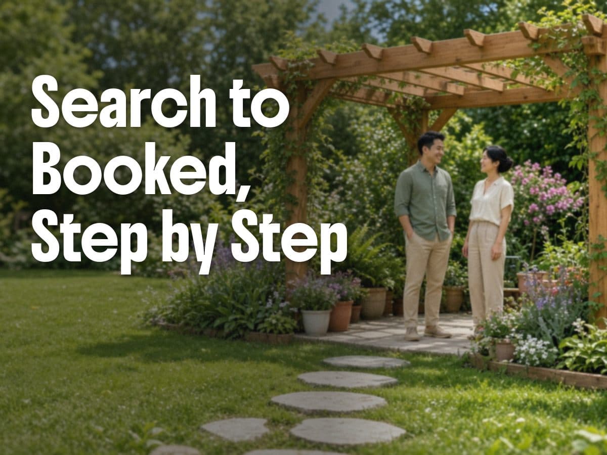 A couple stands under a wooden pergola in a flower garden, beside the words Search to Booked, Step by Step.