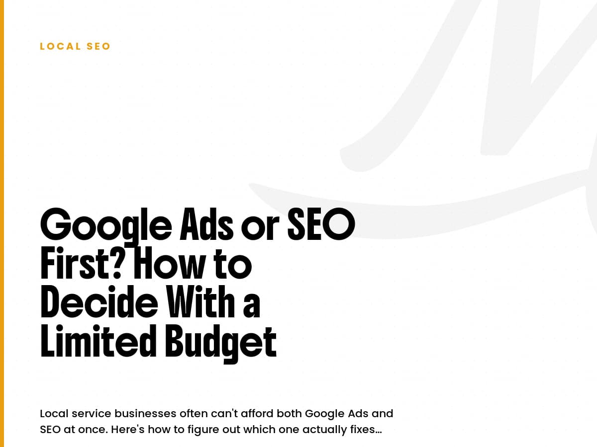 White card labeled Local SEO, with a black headline asking whether to choose Google Ads or SEO first.