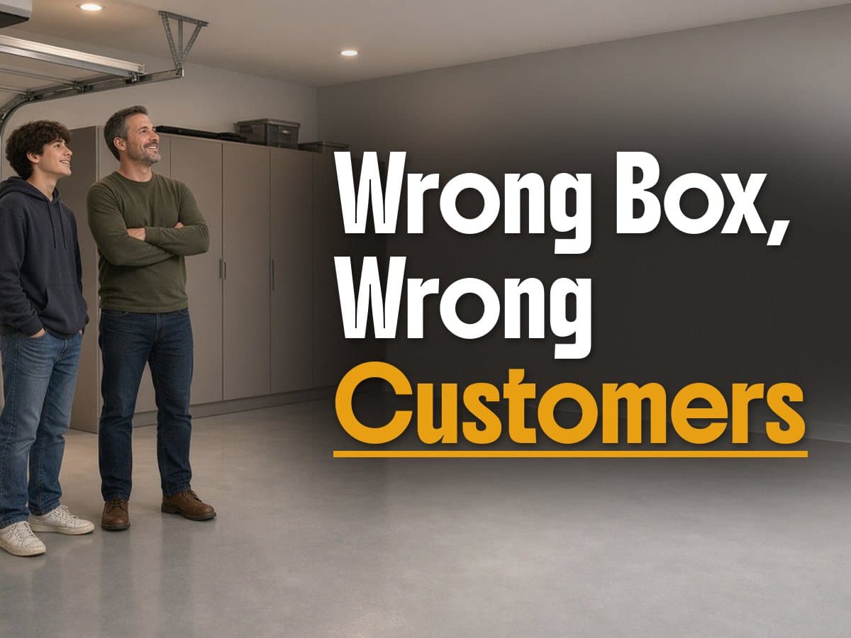 A man and a teenage boy stand in a tidy garage, beside the words Wrong Box, Wrong Customers.