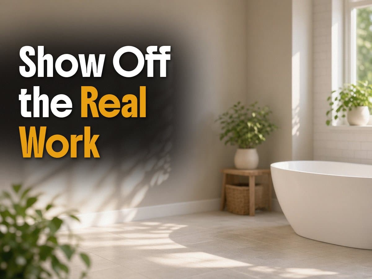 A bright bathroom with a freestanding tub and potted plants, overlaid with the words Show Off the Real Work.