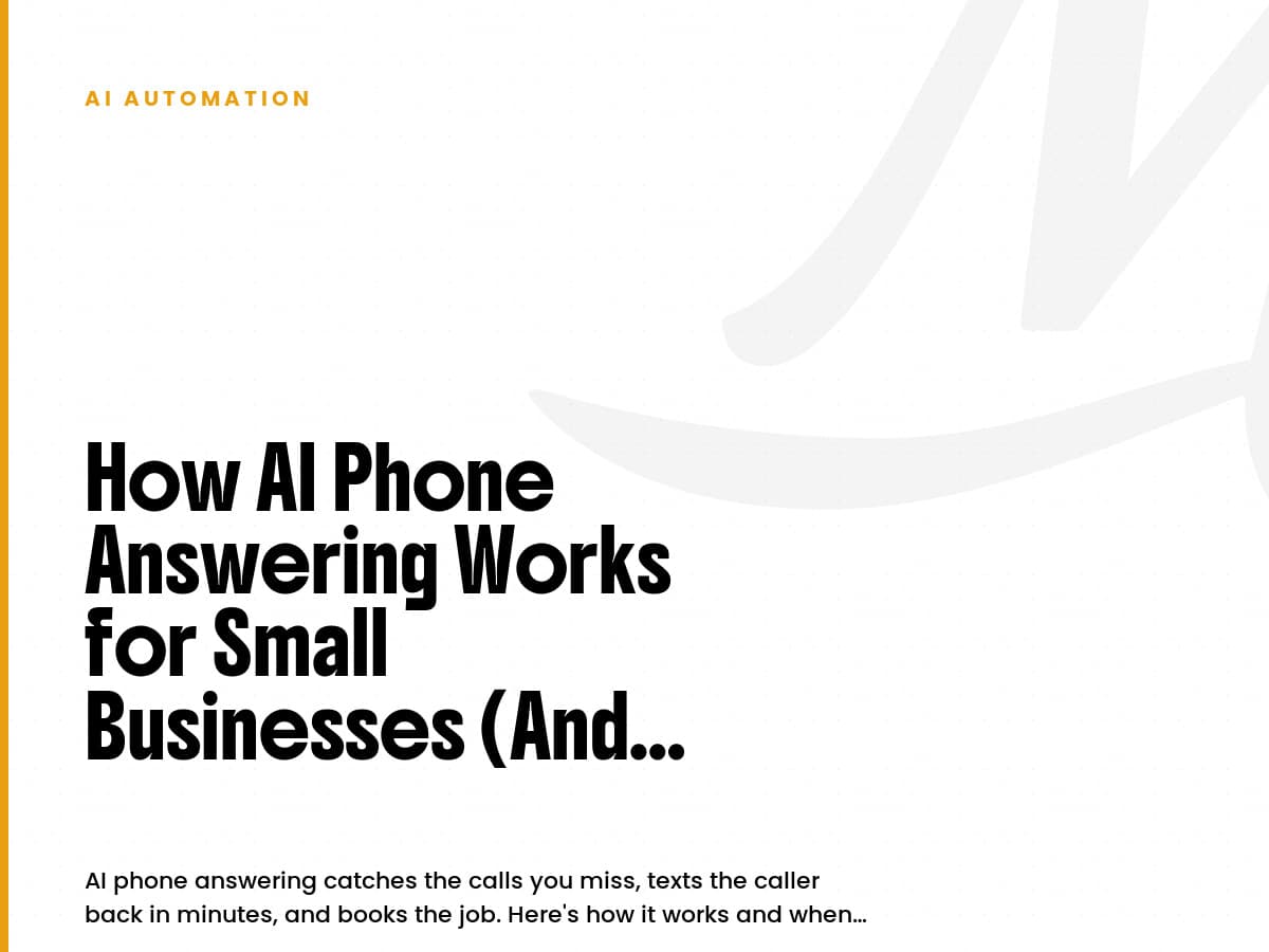 White card labeled AI Automation, with a black headline about how AI phone answering works for small businesses.