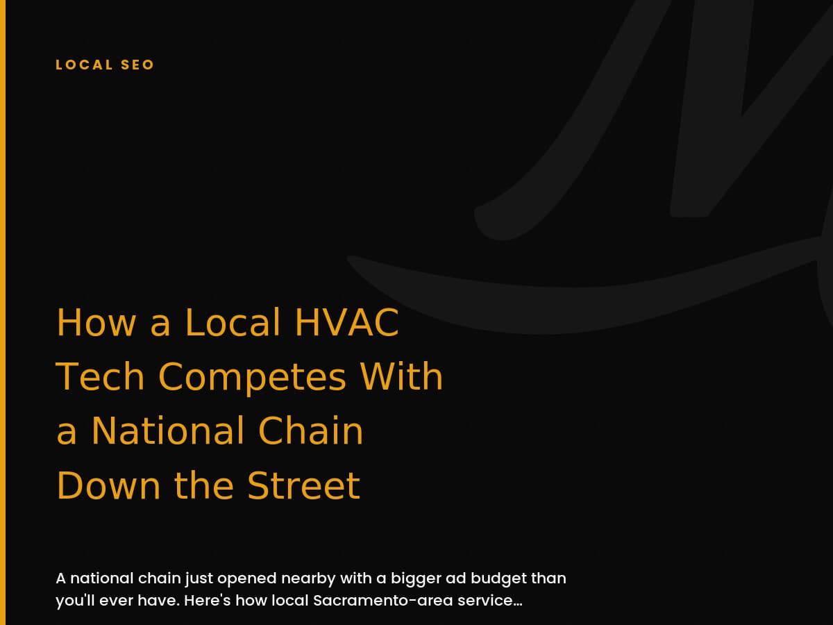 Black card labeled Local SEO, with a gold headline about a local HVAC tech competing with a national chain.