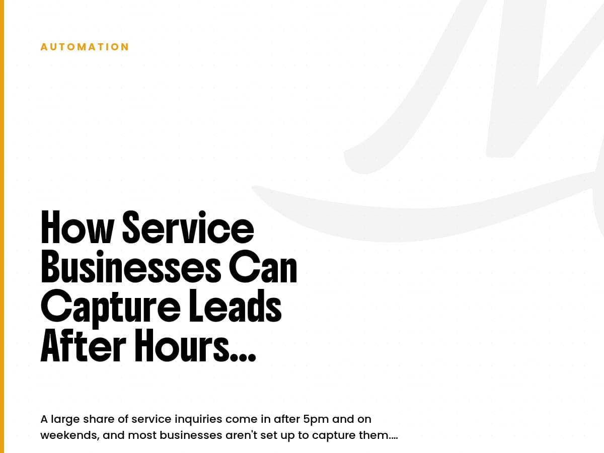 White card labeled Automation with the headline How Service Businesses Can Capture Leads After Hours.