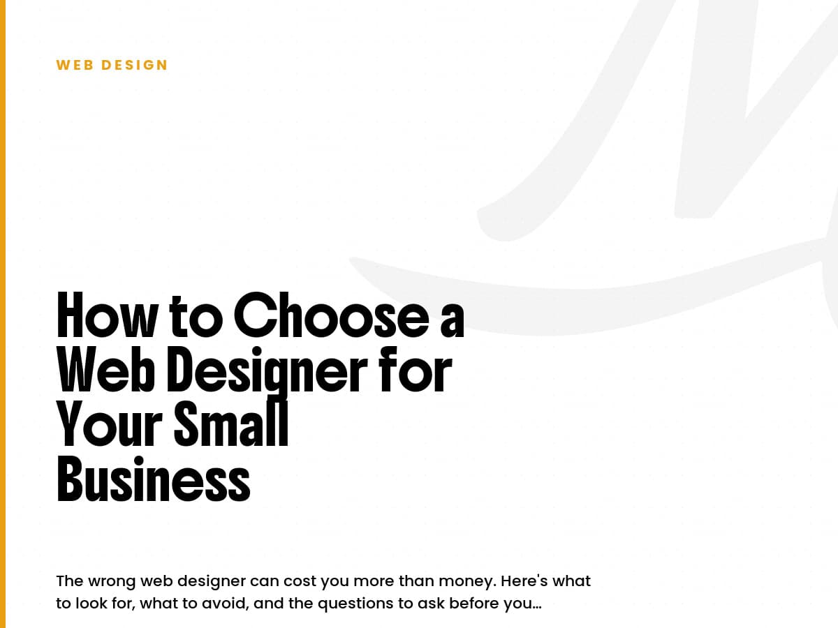 White card labeled Web Design with the headline How to Choose a Web Designer for Your Small Business.