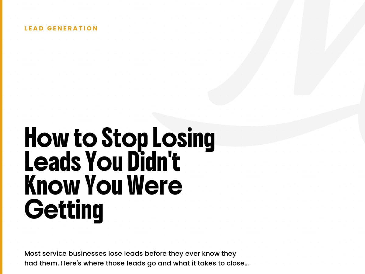 White card labeled Lead Generation with the headline How to Stop Losing Leads You Didn't Know You Were Getting.