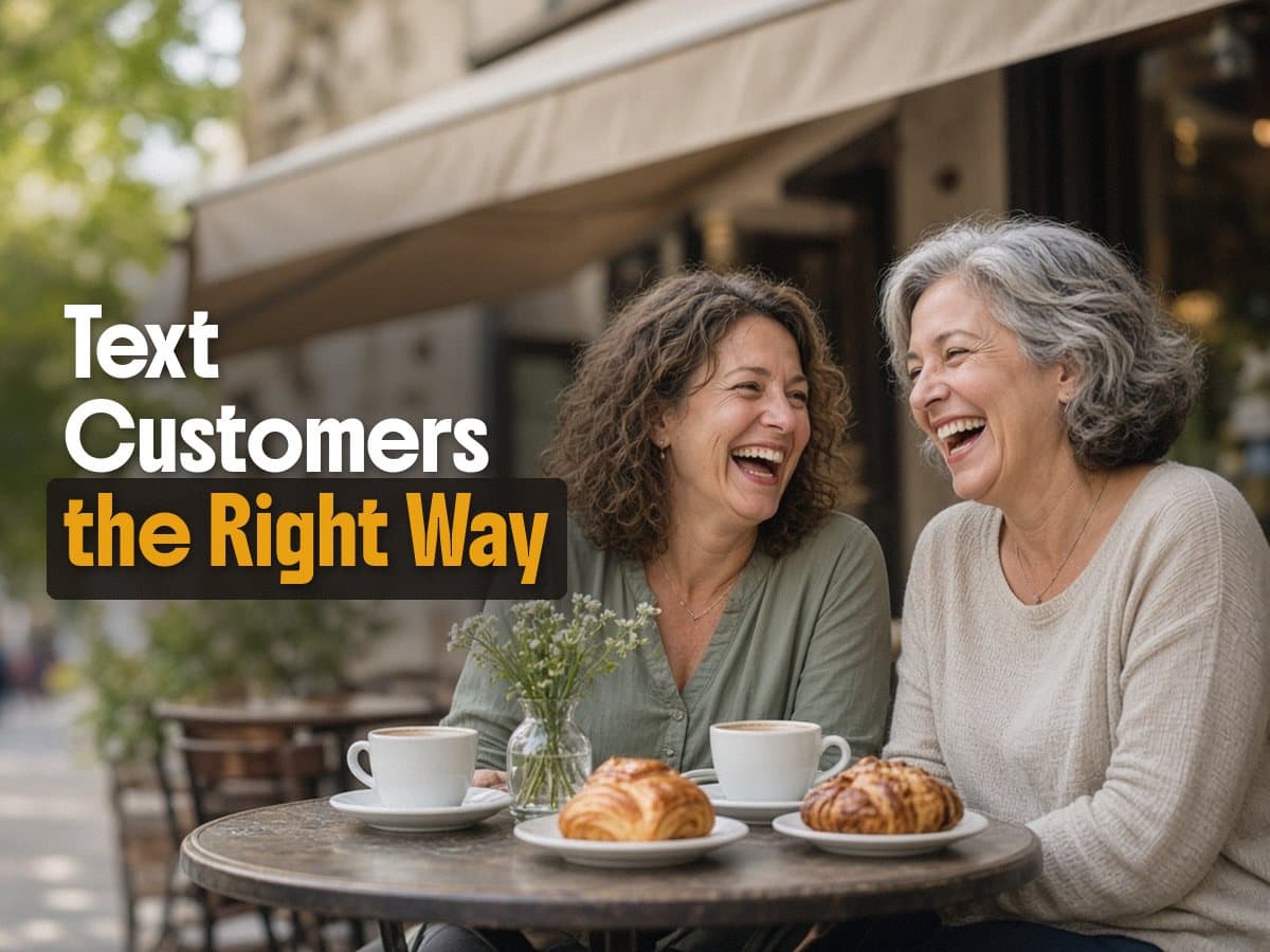 Two women laugh over coffee and pastries at a sidewalk cafe, beside the words Text Customers the Right Way.
