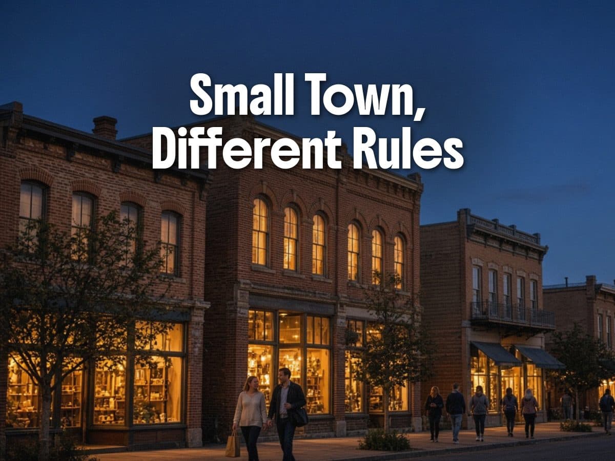 People walk a brick main street at dusk past glowing shop windows, under the words Small Town, Different Rules.