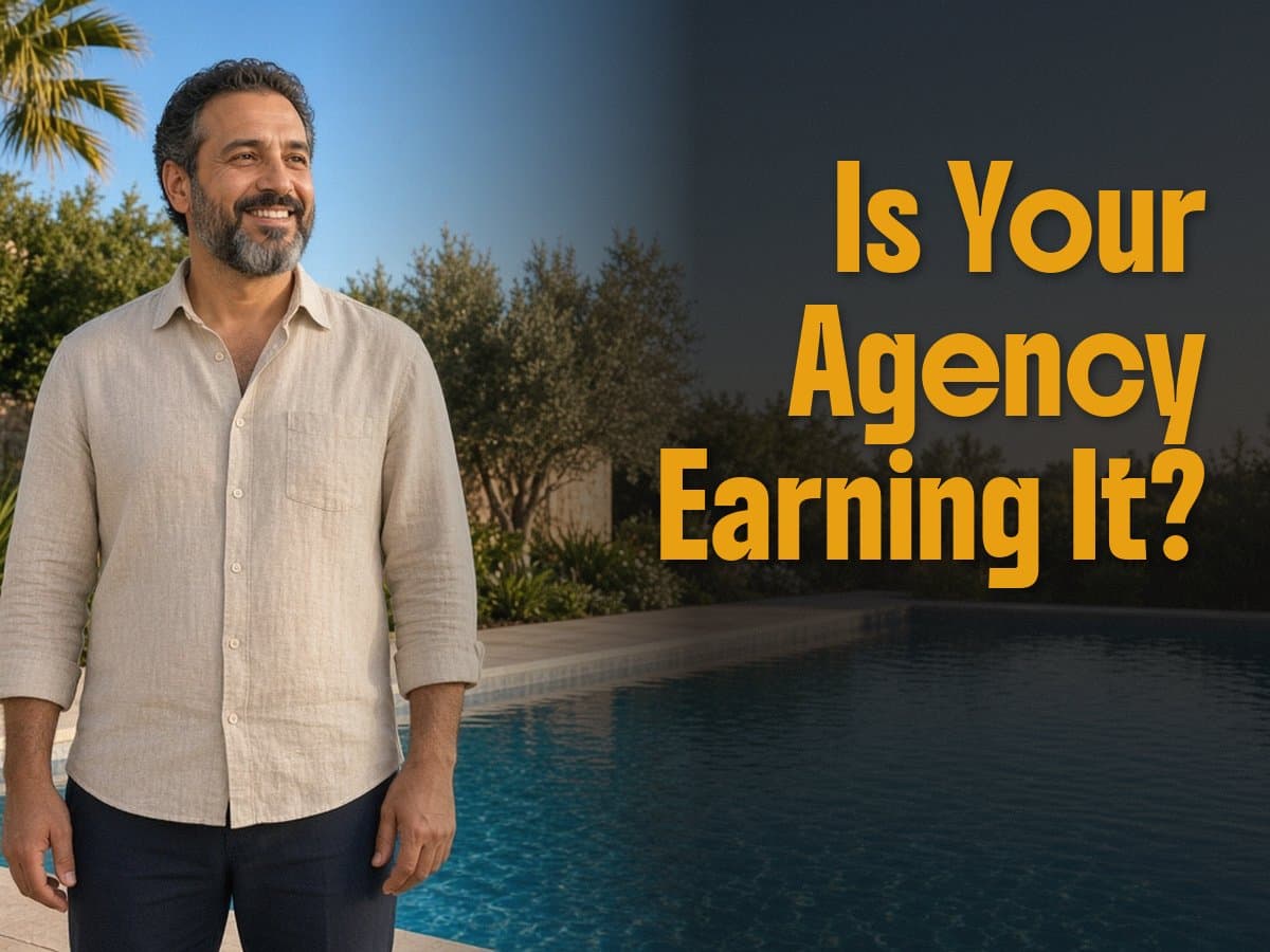 A smiling man in a light shirt stands beside a swimming pool, next to the words Is Your Agency Earning It?