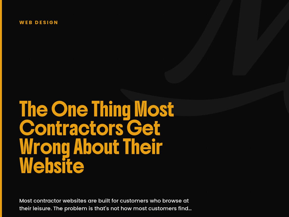 Black card labeled Web Design with the headline The One Thing Most Contractors Get Wrong About Their Website.