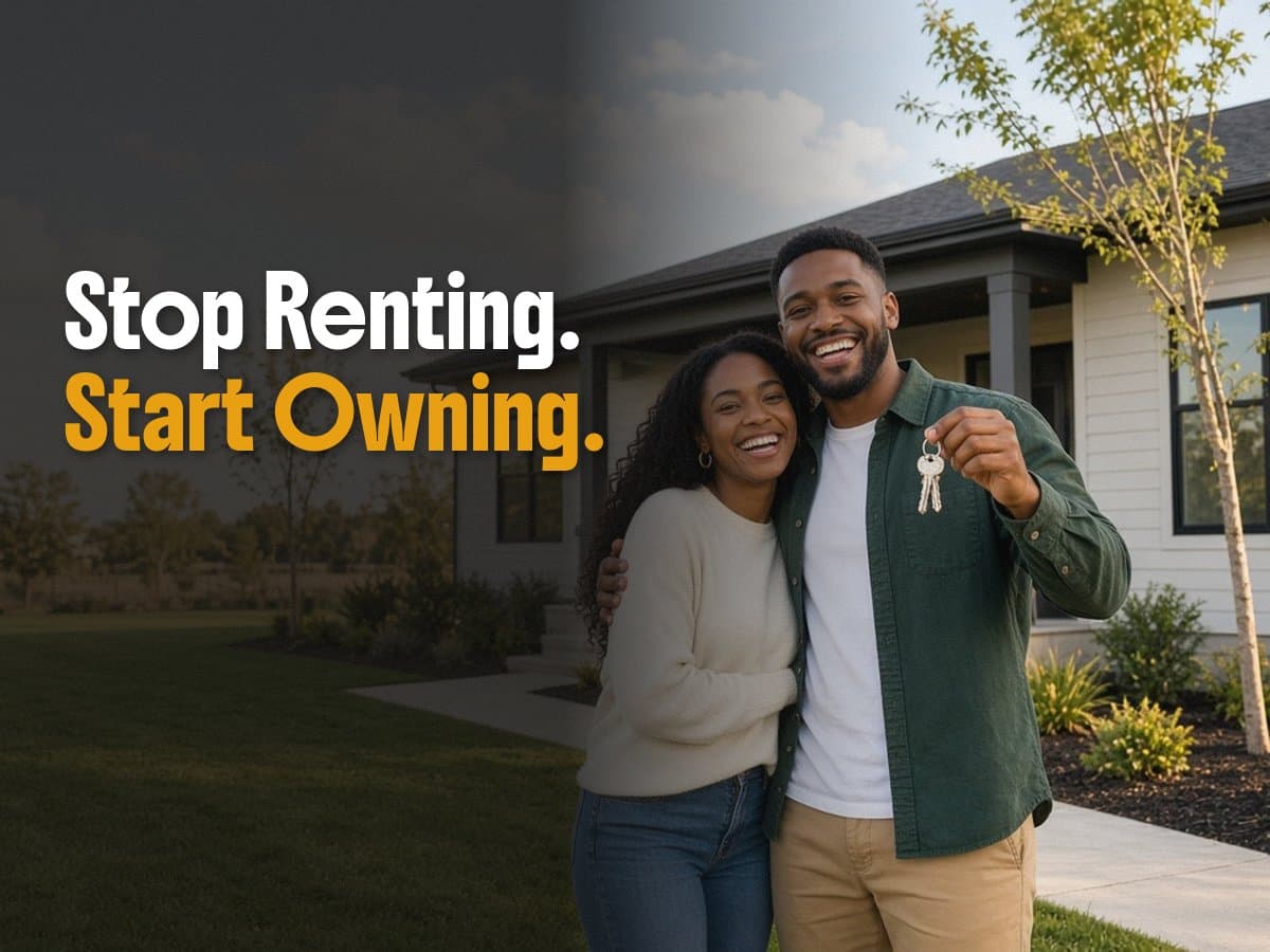 A smiling couple stands on the lawn of a new house while the man holds up house keys, next to the words Stop Renting. Start Owning.