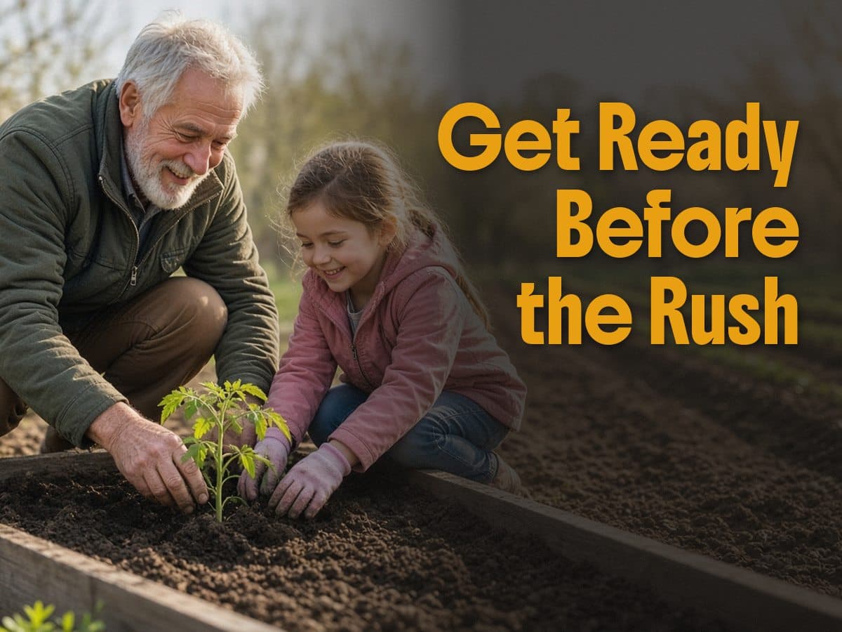 An older man and a young girl kneel at a raised garden bed, planting a seedling, beside the words Get Ready Before the Rush.
