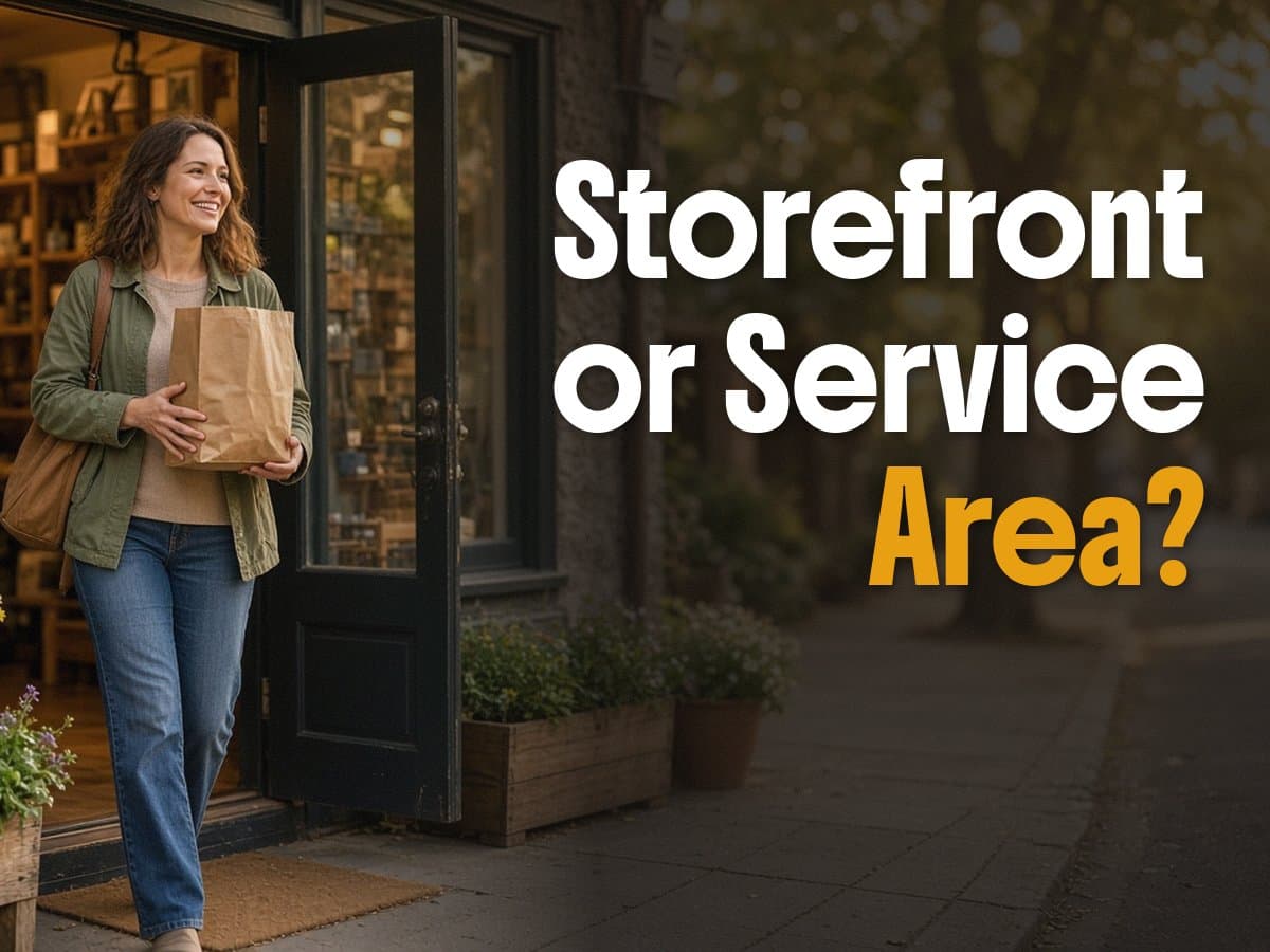 A woman carrying a paper bag and a shoulder bag steps out of an open shop door onto a sidewalk, beside the words Storefront or Service Area?