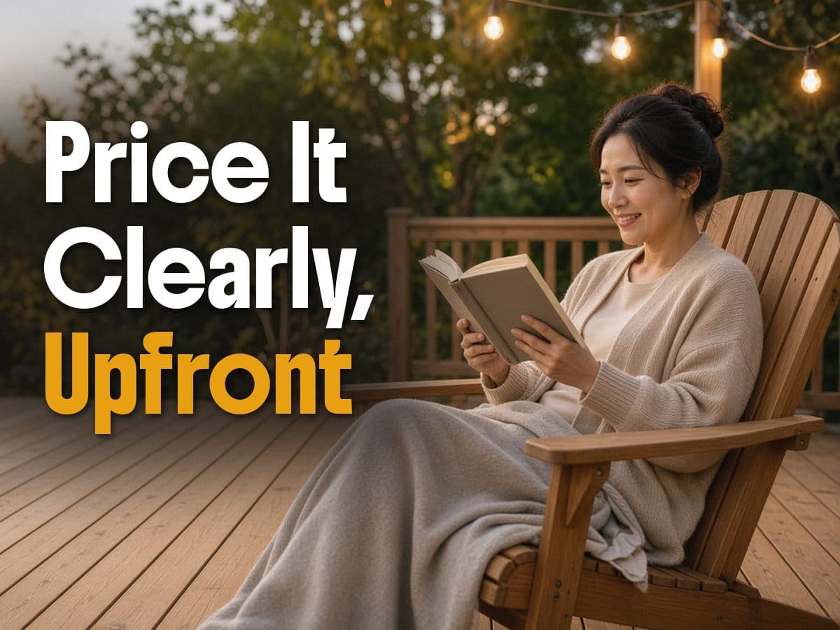A woman in a beige cardigan sits in a wooden Adirondack chair on a deck, reading under string lights, beside the words Price It Clearly, Upfront.