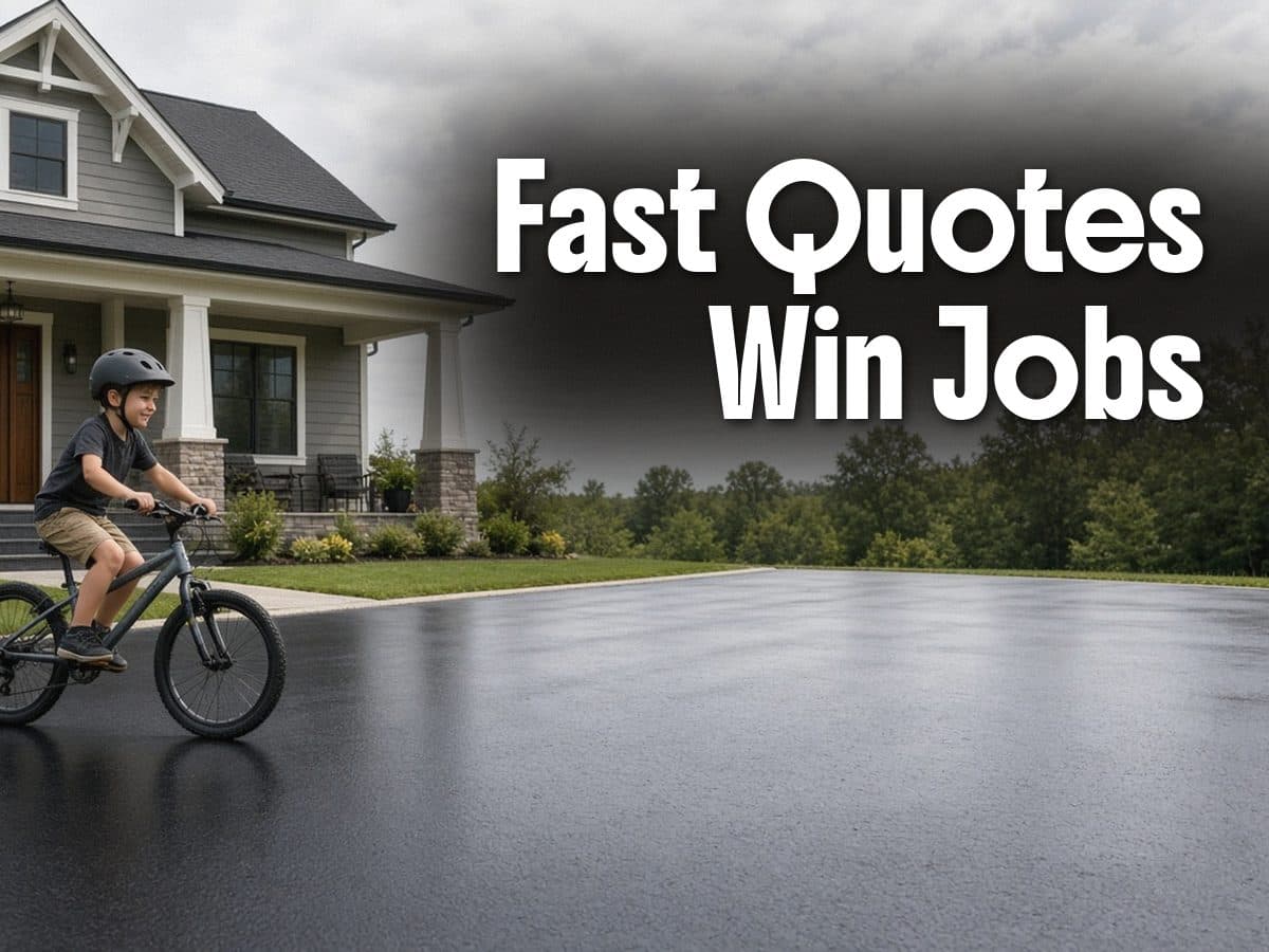 A boy in a helmet rides a bicycle on a wet driveway in front of a gray house, beside the words Fast Quotes Win Jobs.