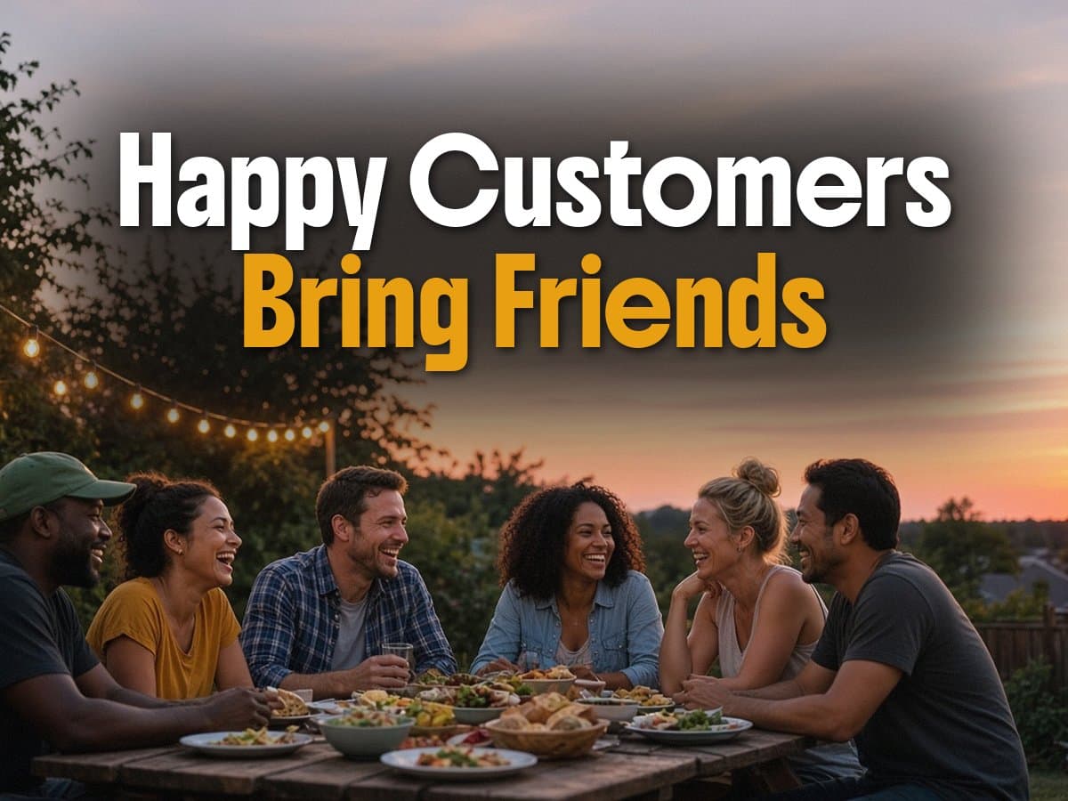 Six friends laugh around an outdoor picnic table full of food at sunset, with the words Happy Customers Bring Friends.