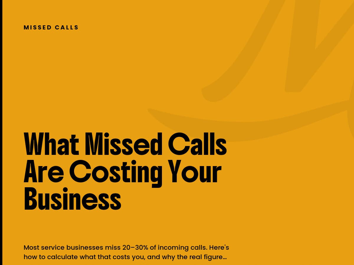 Mustard card labeled Missed Calls with the headline What Missed Calls Are Costing Your Business.