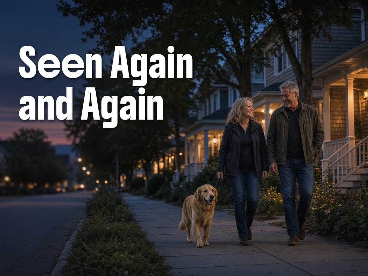 A couple walks a golden retriever past porch-lit houses at dusk, under the words Seen Again and Again.