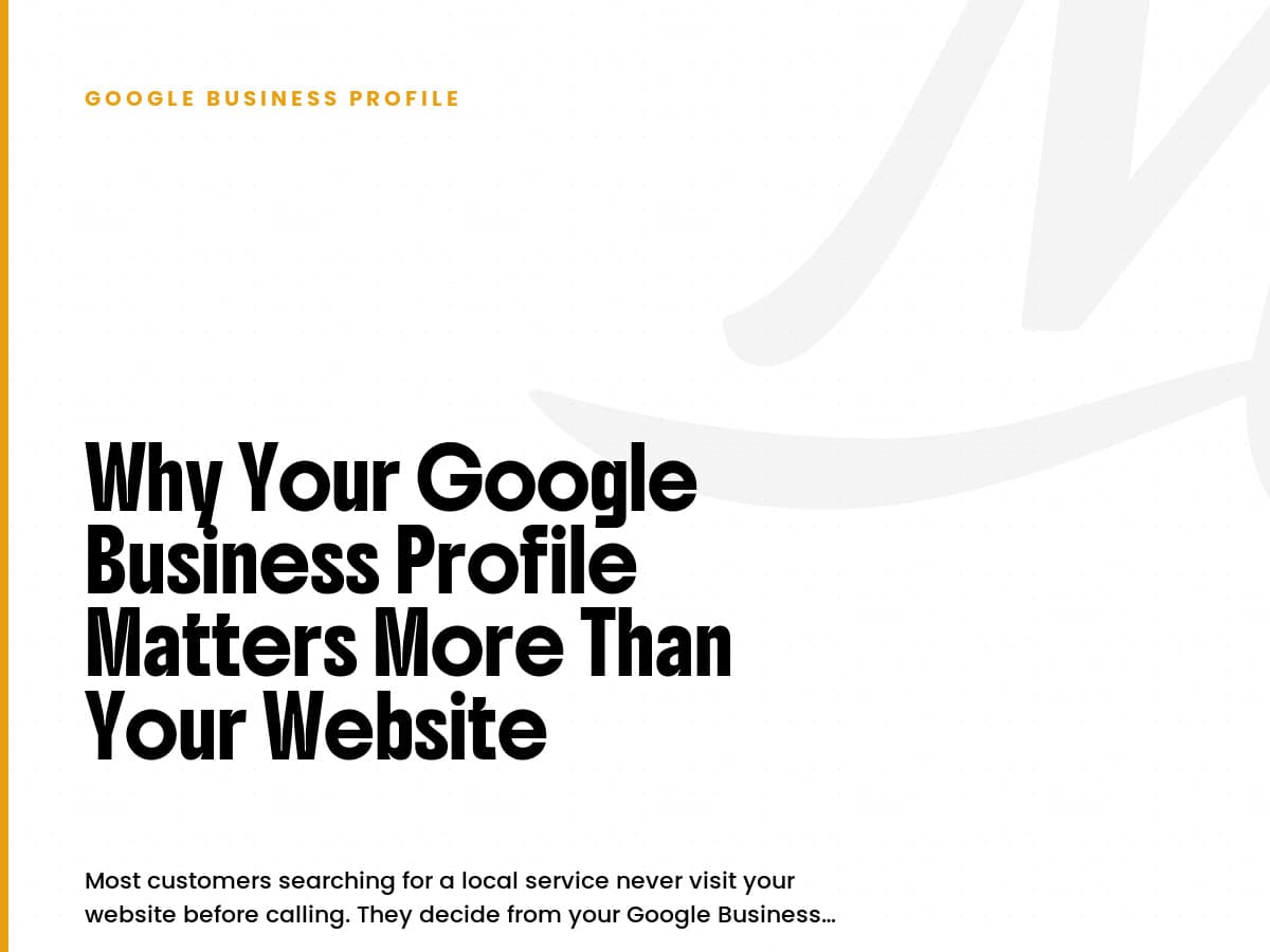 White card labeled Google Business Profile with the headline Why Your Google Business Profile Matters More Than Your Website.