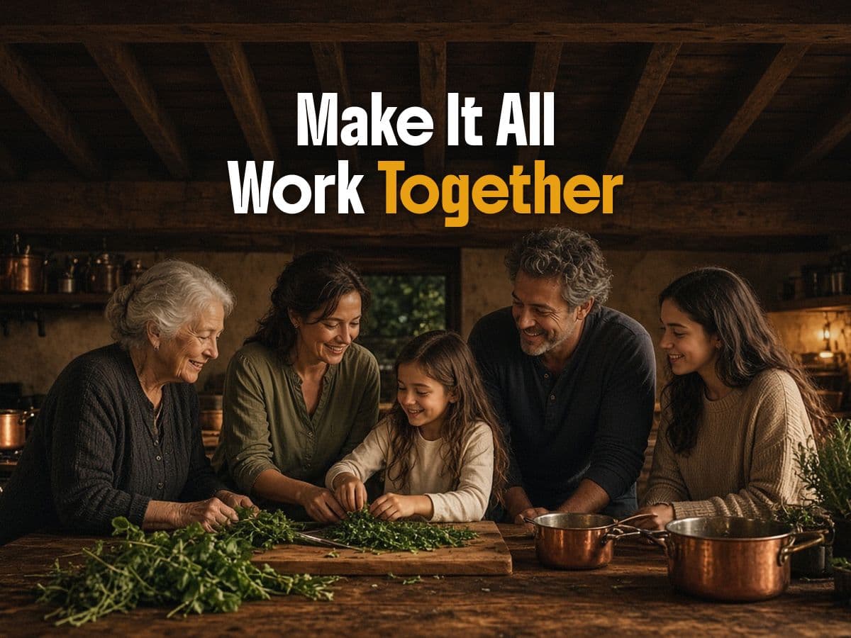 Five people chop herbs at a wooden kitchen table beside copper pots, under the words Make It All Work Together.