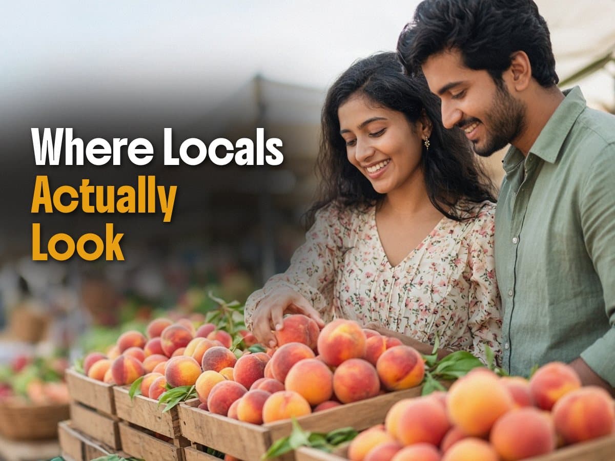 A couple smiles over crates of peaches at an outdoor market, beside the words Where Locals Actually Look.